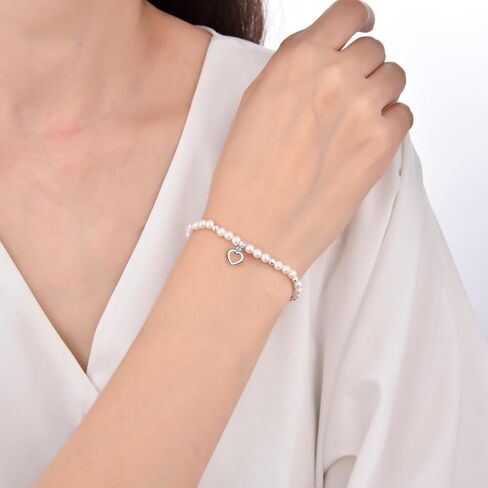 ZVVBOO 925 Sterling Silver Stretch Bracelet with Heart Pendant, Mother of Pearl, Women’s Fine Jewelry, Gift for Party in Kuwait
