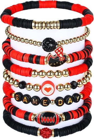 لعبة Bracelets Bracelets Football Charm للنساء أساور كرة القدم Red Black Blue Heishi Clay Beaded Beaded Stretch Bracelets Bracelet Bracelet Bracleds Football Mom Associory Outfits in Kuwait