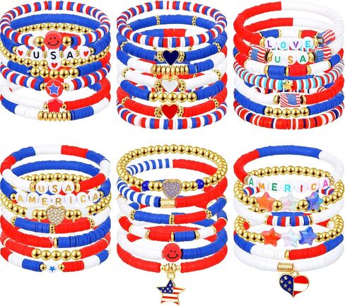 Batiyeer 40 Pcs 4th of July Surfer Heishi Bracelets Red White and Blue Friendship Adjustable Clay Bead Bracelets Jewelry for Women Men in Saudi Arabia