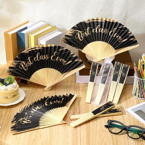 Glikceil 40 PCS Class Reunion Decorations 10 Year لم شمل الجماهير القابلة للطي مع أكياس أورجانية قابلة للطي قابلة للطي من المشجعين الأسود والذهبي لحفل حفلات التذكارات لصالح لوازم الإمداد in Kuwait