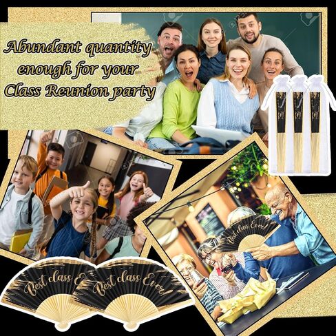 Glikceil 40 PCS Class Reunion Decorations 10 Year لم شمل الجماهير القابلة للطي مع أكياس أورجانية قابلة للطي قابلة للطي من المشجعين الأسود والذهبي لحفل حفلات التذكارات لصالح لوازم الإمداد in Kuwait