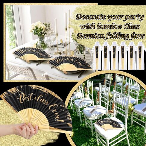 Glikceil 40 PCS Class Reunion Decorations 10 Year لم شمل الجماهير القابلة للطي مع أكياس أورجانية قابلة للطي قابلة للطي من المشجعين الأسود والذهبي لحفل حفلات التذكارات لصالح لوازم الإمداد in Kuwait