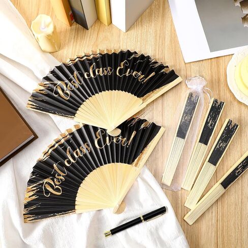 GlikCeil 40 Pcs Class Reunion Decorations 10 Year Reunion Hand Folding Fans with Organza Bags Bulk Foldable Paper Black and Gold Fans for Souvenir Party Favor Supplies Ceremony in Saudi Arabia