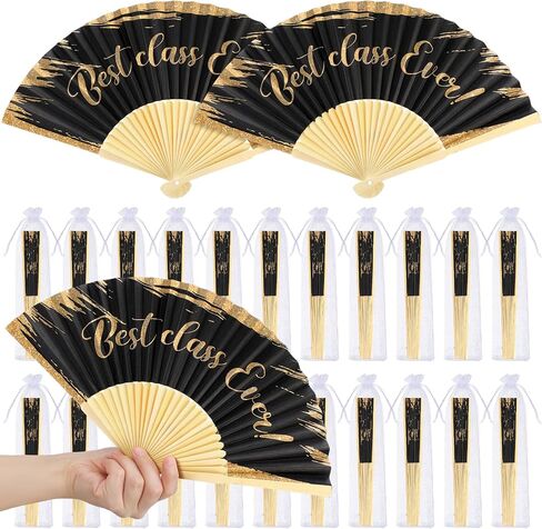 GlikCeil 40 Pcs Class Reunion Decorations 10 Year Reunion Hand Folding Fans with Organza Bags Bulk Foldable Paper Black and Gold Fans for Souvenir Party Favor Supplies Ceremony in Saudi Arabia