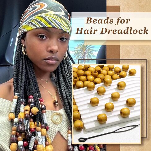 60PCS Large Wood Beads Brown Natural Wooden Bead for Locs Vintage Dreadlock Jewelry Hair Braids Accessories for Women Girls in Saudi Arabia