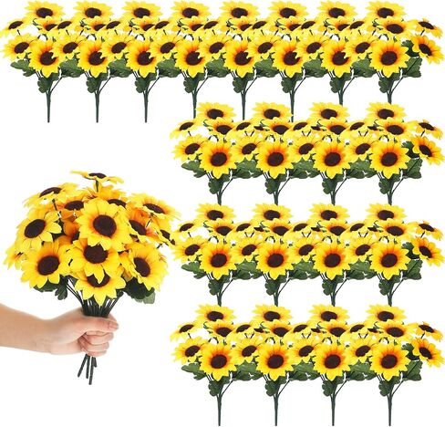Redbaker 24 Bundles Sunflower Artificial Flower with Stems Bouquet Fake Plants Bulk UV Resistant Plastic Faux Outdoor Flower No Fade for Wedding Fall Garden Home Window Decor in Kuwait