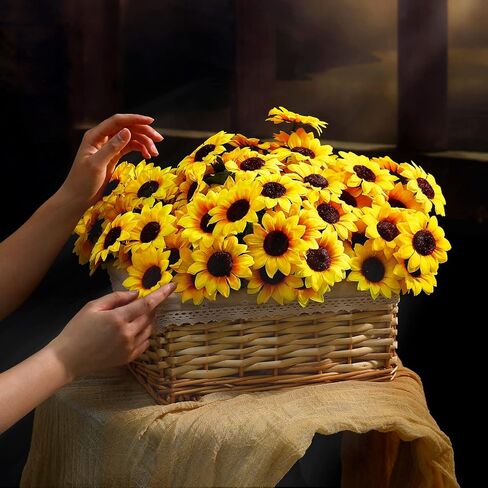 Redbaker 24 Bundles Sunflower Artificial Flower with Stems Bouquet Fake Plants Bulk UV Resistant Plastic Faux Outdoor Flower No Fade for Wedding Fall Garden Home Window Decor in Kuwait