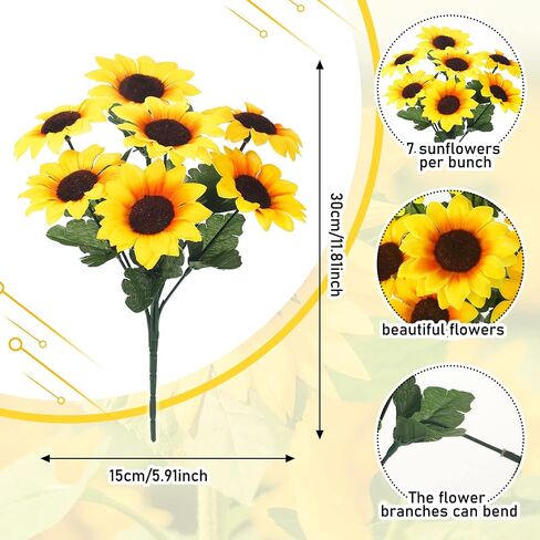Redbaker 24 Bundles Sunflower Artificial Flower with Stems Bouquet Fake Plants Bulk UV Resistant Plastic Faux Outdoor Flower No Fade for Wedding Fall Garden Home Window Decor in Kuwait