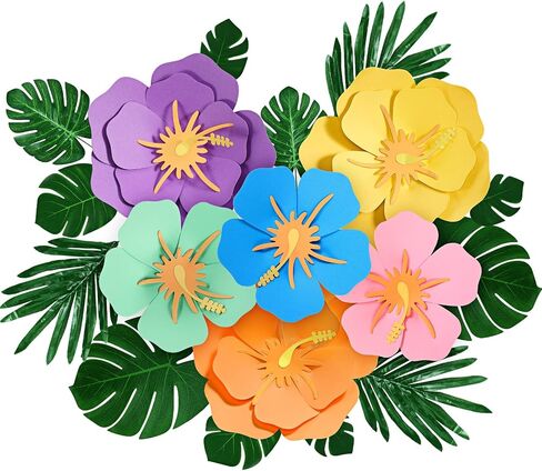 Lincia 40 Pcs Hawaiian Hibiscus Decorations Large Paper Flowers and Artificial Tropical Leaves, 11.8''/7.9'' Jumbo 3D Paper Flowers Faux Leaves for Luau Party Birthday Wedding (Rainbow Color) in Saudi Arabia