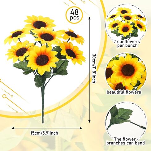 Redbaker 24 Bundles Sunflower Artificial Flower with Stems Bouquet Fake Plants Bulk UV Resistant Plastic Faux Outdoor Flower No Fade for Wedding Fall Garden Home Window Decor in Kuwait