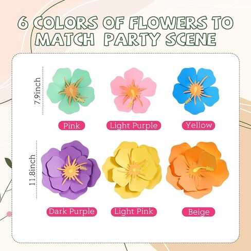 Lincia 40 Pcs Hawaiian Hibiscus Decorations Large Paper Flowers and Artificial Tropical Leaves, 11.8''/7.9'' Jumbo 3D Paper Flowers Faux Leaves for Luau Party Birthday Wedding (Rainbow Color) in Saudi Arabia