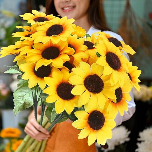 Redbaker 24 Bundles Sunflower Artificial Flower with Stems Bouquet Fake Plants Bulk UV Resistant Plastic Faux Outdoor Flower No Fade for Wedding Fall Garden Home Window Decor in Kuwait