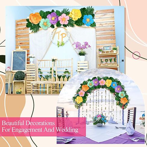Lincia 40 Pcs Hawaiian Hibiscus Decorations Large Paper Flowers and Artificial Tropical Leaves, 11.8''/7.9'' Jumbo 3D Paper Flowers Faux Leaves for Luau Party Birthday Wedding (Rainbow Color) in Saudi Arabia