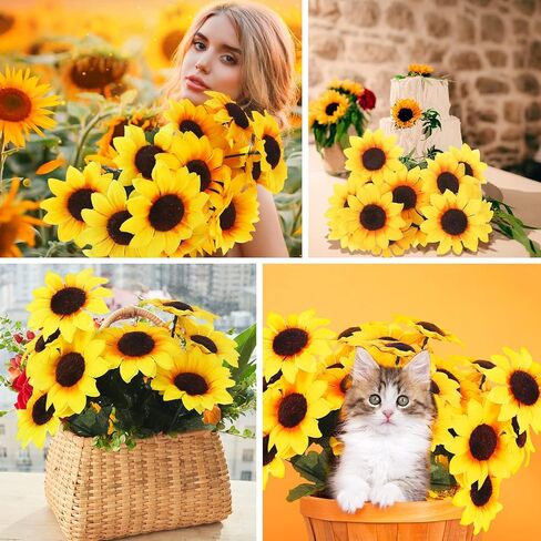Redbaker 24 Bundles Sunflower Artificial Flower with Stems Bouquet Fake Plants Bulk UV Resistant Plastic Faux Outdoor Flower No Fade for Wedding Fall Garden Home Window Decor in Kuwait