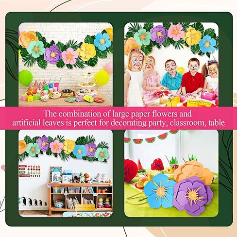 Lincia 40 Pcs Hawaiian Hibiscus Decorations Large Paper Flowers and Artificial Tropical Leaves, 11.8''/7.9'' Jumbo 3D Paper Flowers Faux Leaves for Luau Party Birthday Wedding (Rainbow Color) in Saudi Arabia