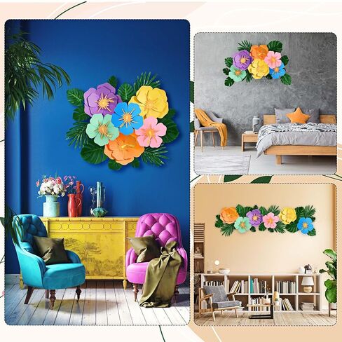 Lincia 40 Pcs Hawaiian Hibiscus Decorations Large Paper Flowers and Artificial Tropical Leaves, 11.8''/7.9'' Jumbo 3D Paper Flowers Faux Leaves for Luau Party Birthday Wedding (Rainbow Color) in Saudi Arabia