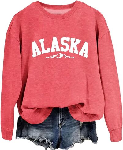 DUDIHOHX Alaska Sweatshirt Retro Mountain Graphic Shirt Vintage Alaska Pullover Women Casual Crewneck Long Sleeve Tops in Saudi Arabia