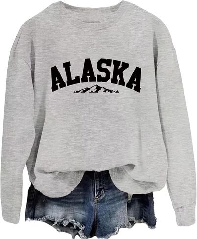 DUDIHOHX Alaska Sweatshirt Retro Mountain Graphic Shirt Vintage Alaska Pullover Women Casual Crewneck Long Sleeve Tops in Saudi Arabia