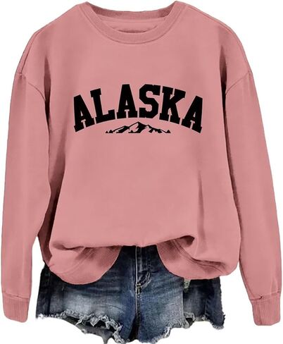 DUDIHOHX Alaska Sweatshirt Retro Mountain Graphic Shirt Vintage Alaska Pullover Women Casual Crewneck Long Sleeve Tops in Saudi Arabia