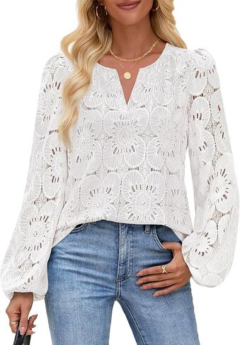 MEROKEETY Women's Eyelet Long Sleeve Tops Dressy Casual V Neck Shirts Fall Trendy Crochet Lace Blouse in Kuwait