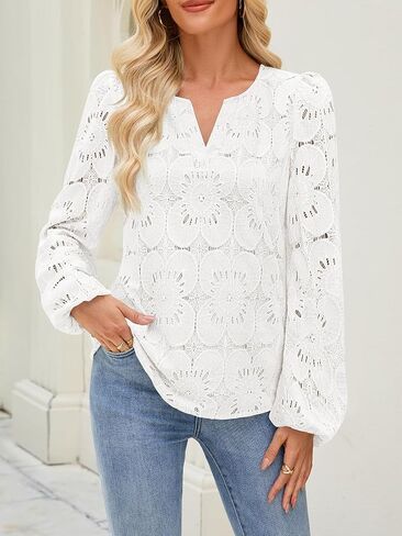 MEROKEETY Women's Eyelet Long Sleeve Tops Dressy Casual V Neck Shirts Fall Trendy Crochet Lace Blouse in Kuwait