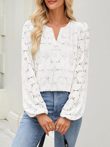 MEROKEETY Women's Eyelet Long Sleeve Tops Dressy Casual V Neck Shirts Fall Trendy Crochet Lace Blouse in Kuwait
