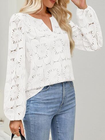 MEROKEETY Women's Eyelet Long Sleeve Tops Dressy Casual V Neck Shirts Fall Trendy Crochet Lace Blouse in Kuwait