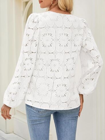MEROKEETY Women's Eyelet Long Sleeve Tops Dressy Casual V Neck Shirts Fall Trendy Crochet Lace Blouse in Kuwait