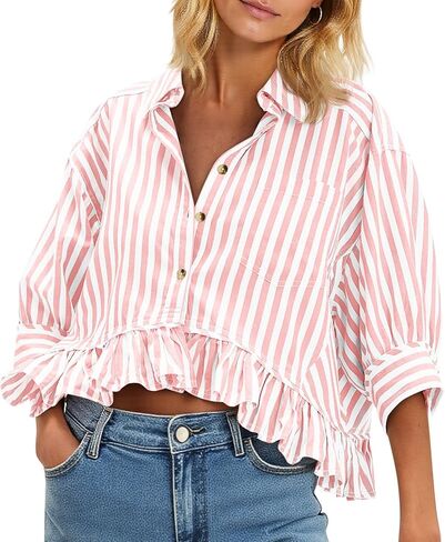 Cicy Bell Womens Cropped Striped Button Down Shirts Ruffle 3/4 Length Sleeve Summer Tops Dressy Casual Blouses in Saudi Arabia