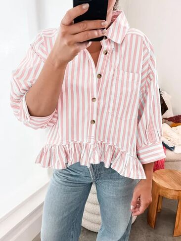 Cicy Bell Womens Cropped Striped Button Down Shirts Ruffle 3/4 Length Sleeve Summer Tops Dressy Casual Blouses in Saudi Arabia