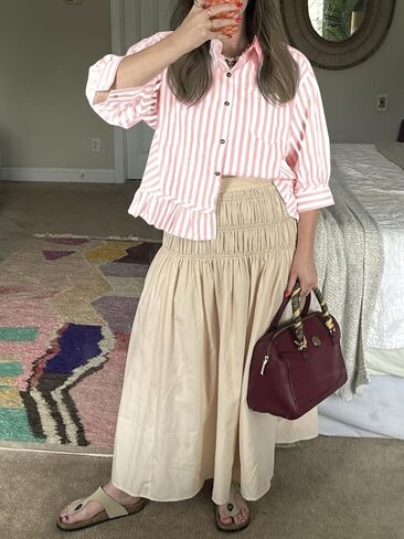 Cicy Bell Womens Cropped Striped Button Down Shirts Ruffle 3/4 Length Sleeve Summer Tops Dressy Casual Blouses in Saudi Arabia