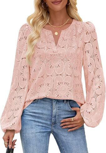 MEROKEETY Women's Eyelet Long Sleeve Tops Dressy Casual V Neck Shirts Fall Trendy Crochet Lace Blouse in Kuwait