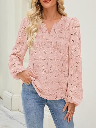 MEROKEETY Women's Eyelet Long Sleeve Tops Dressy Casual V Neck Shirts Fall Trendy Crochet Lace Blouse in Kuwait