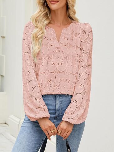MEROKEETY Women's Eyelet Long Sleeve Tops Dressy Casual V Neck Shirts Fall Trendy Crochet Lace Blouse in Kuwait