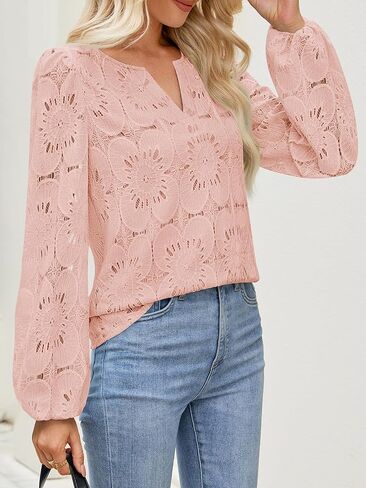 MEROKEETY Women's Eyelet Long Sleeve Tops Dressy Casual V Neck Shirts Fall Trendy Crochet Lace Blouse in Kuwait