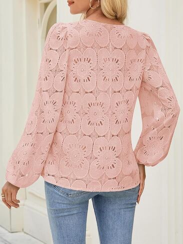 MEROKEETY Women's Eyelet Long Sleeve Tops Dressy Casual V Neck Shirts Fall Trendy Crochet Lace Blouse in Kuwait