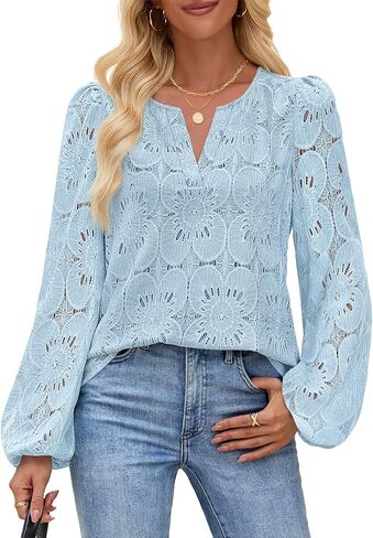 MEROKEETY Women's Eyelet Long Sleeve Tops Dressy Casual V Neck Shirts Fall Trendy Crochet Lace Blouse in Kuwait