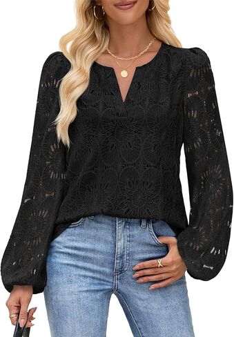 Merokeety Women's Eyelet Long Sleeve Tops Tops Dary Dishal V Deck Tirts Fall Strendy Crochet Lace Blouse in Saudi Arabia