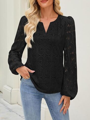 Merokeety Women's Eyelet Long Sleeve Tops Tops Dary Dishal V Deck Tirts Fall Strendy Crochet Lace Blouse in Saudi Arabia