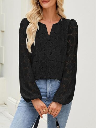 Merokeety Women's Eyelet Long Sleeve Tops Tops Dary Dishal V Deck Tirts Fall Strendy Crochet Lace Blouse in Saudi Arabia