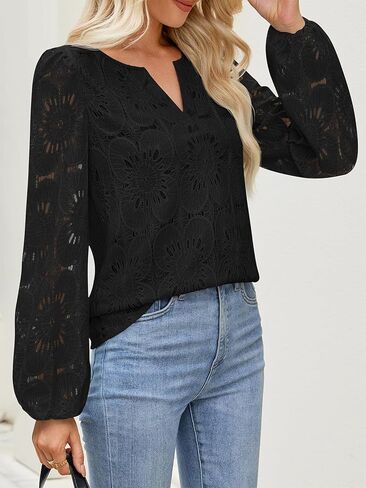 Merokeety Women's Eyelet Long Sleeve Tops Tops Dary Dishal V Deck Tirts Fall Strendy Crochet Lace Blouse in Saudi Arabia