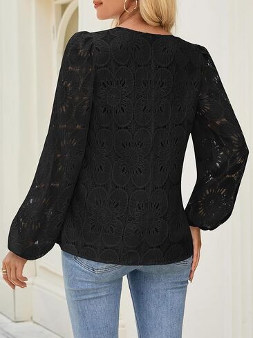 Merokeety Women's Eyelet Long Sleeve Tops Tops Dary Dishal V Deck Tirts Fall Strendy Crochet Lace Blouse in Saudi Arabia