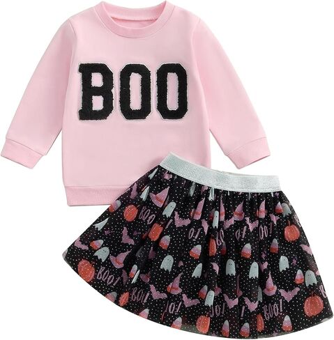 Kayotuas Toddler Girl Halloween Outfit Pumpkin Sweatshirt Tulle Skirt Set | Toddler Baby Girl Halloween Outfit Pumpkin Ghost Sweatshirt Top Tulle Tutu Skirt Set Little Girls Halloween Fall Clothes in Saudi Arabia
