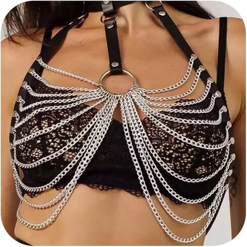 Punk Chest Chain for Women, Faux Leather Body Harness Gothic Adjustable Chest Chain, Belt Belly Bra Body Chain for Her in Saudi Arabia
