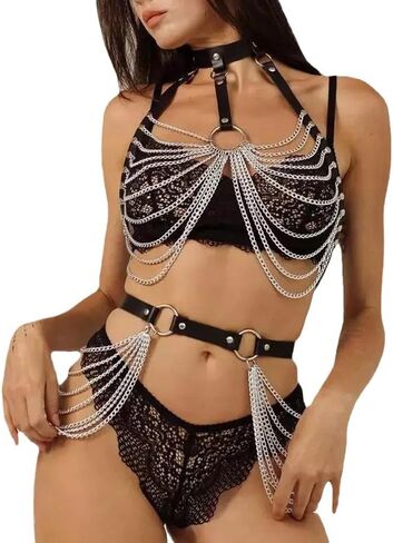 Punk Chest Chain for Women, Faux Leather Body Harness Gothic Adjustable Chest Chain, Belt Belly Bra Body Chain for Her in Saudi Arabia