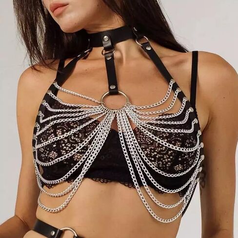 Punk Chest Chain for Women, Faux Leather Body Harness Gothic Adjustable Chest Chain, Belt Belly Bra Body Chain for Her in Saudi Arabia