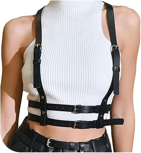 Punk Chest Chain for Women, Faux Leather Body Harness Gothic Adjustable Chest Chain, Belt Belly Bra Body Chain for Her in Saudi Arabia