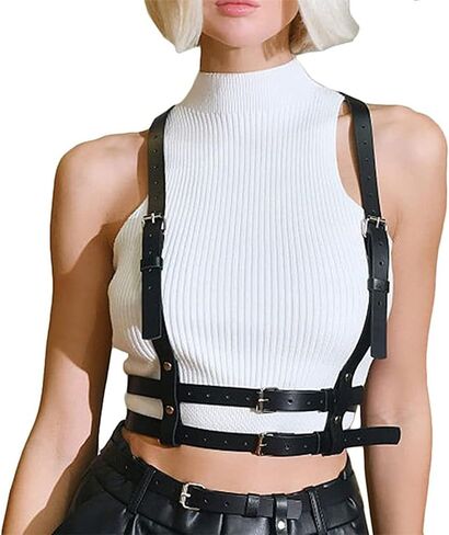 Punk Chest Chain for Women, Faux Leather Body Harness Gothic Adjustable Chest Chain, Belt Belly Bra Body Chain for Her in Saudi Arabia