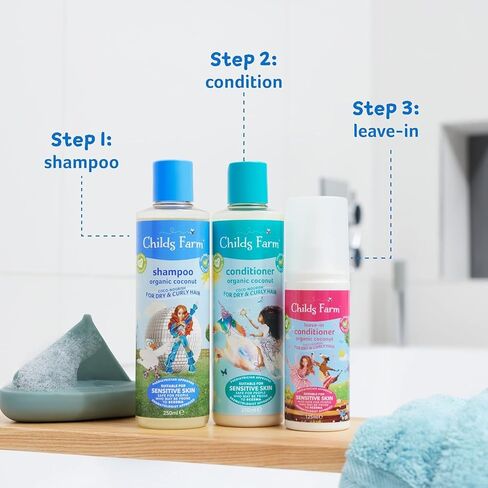 Childs Farm, Coco-Nourish Shampoo contains natural corn and coconut cleansers to gently clean and nourish hair leaving curls defined, 8.4 Fl Oz in Kuwait