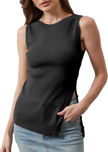 Women Asymmetrical Button Sweater Vest Sleeveless Side Split Rib Knit Slim Fit Sweater Tank Top Summer Pullover Top in Saudi Arabia